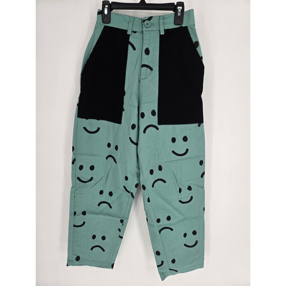 Lazy Oaf Green Happy Sad Pants Patch Pockets 100% Cotton Women's 2 / 24